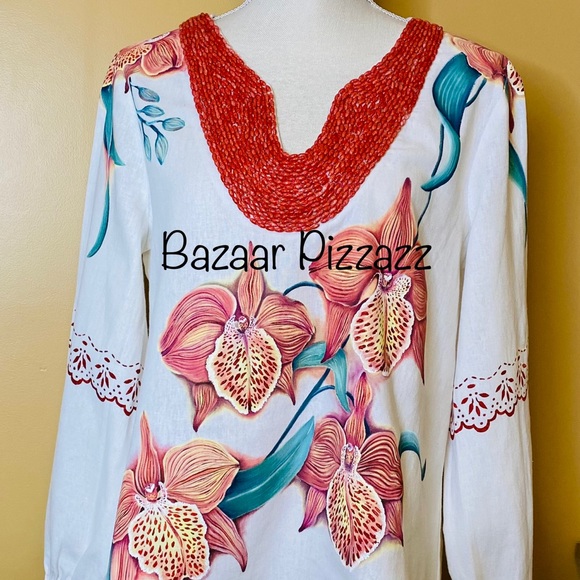 NEW Hand Painted Orchids on Linen Tunic Beaded Neck Long Sleeves Elastic Cuffs - Picture 1 of 4